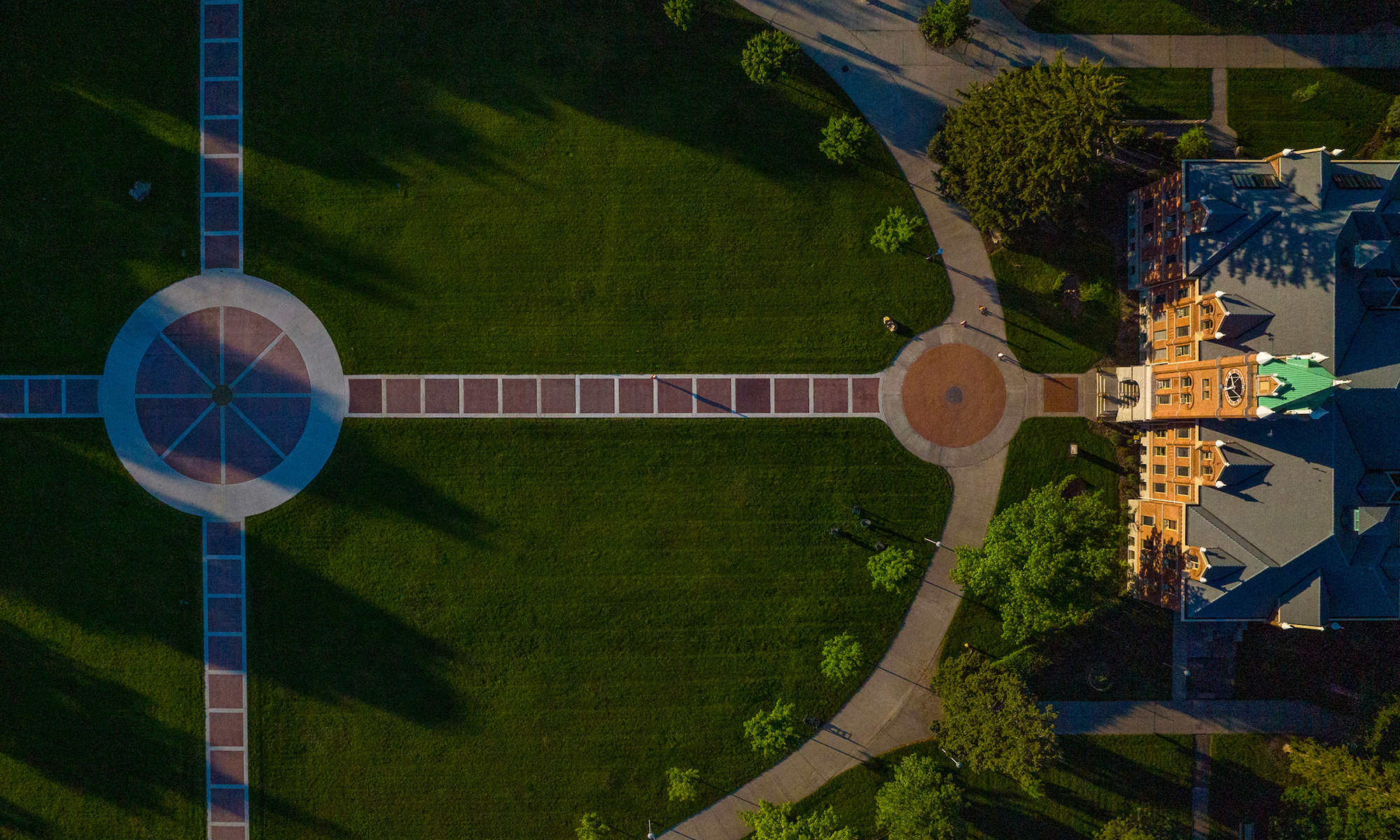 Looking down at the Oval and Main Hall from a drone.